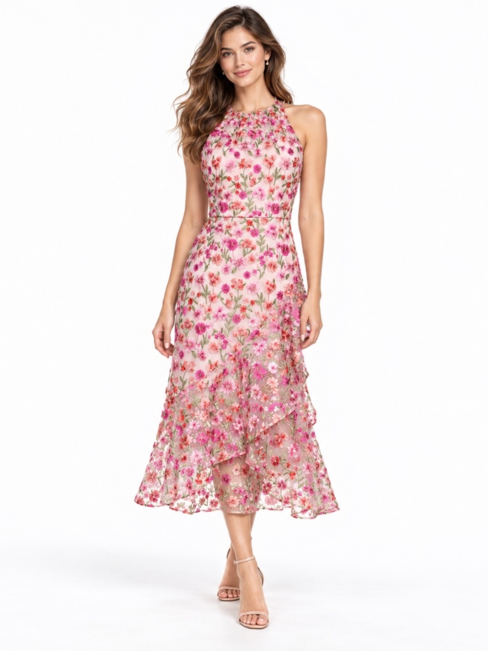 Adrianna Papell - Floral Embroidered Flounce Halter Midi Dress